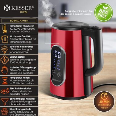 Електричний чайник KESSER, 1.7 л, нержавіюча сталь, LED-дисплей, 4 температурних режими (40-100°C), підтримка тепла 30 хв, 2200 Вт, BPA Free, з фільтром від накипу, легке відкривання, бордовий