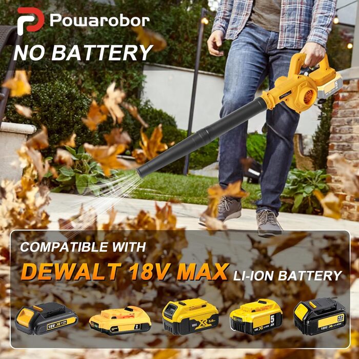 Акумуляторний повітродув Powarobor для Dewalt 18V, компактний садовий повітродув для прибирання листя, газонів, терас і гаражів (без акумулятора та зарядного пристрою)