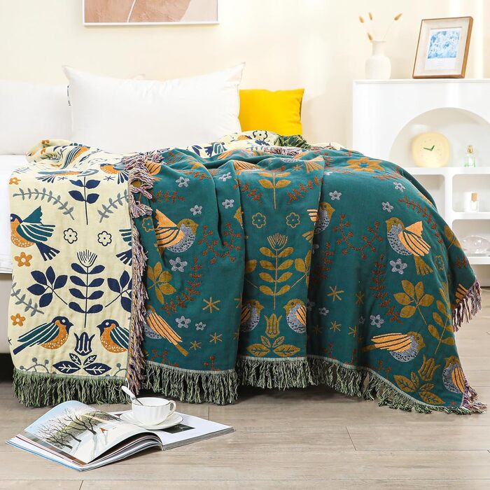 Двосторонній плед Boho 100% бавовна 200×230 см, мусліновий покривало для дивану, крісла та ліжка, м'який і затишний, синьо-бежевий