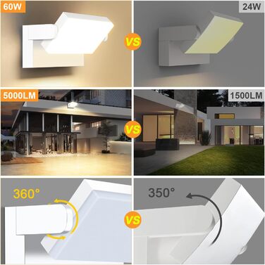 LEDMO Настінний LED світильник 60W, 5000 Лм, білий, поворотний 360°, IP65, тепле світло 3000K, для тераси, входу, саду