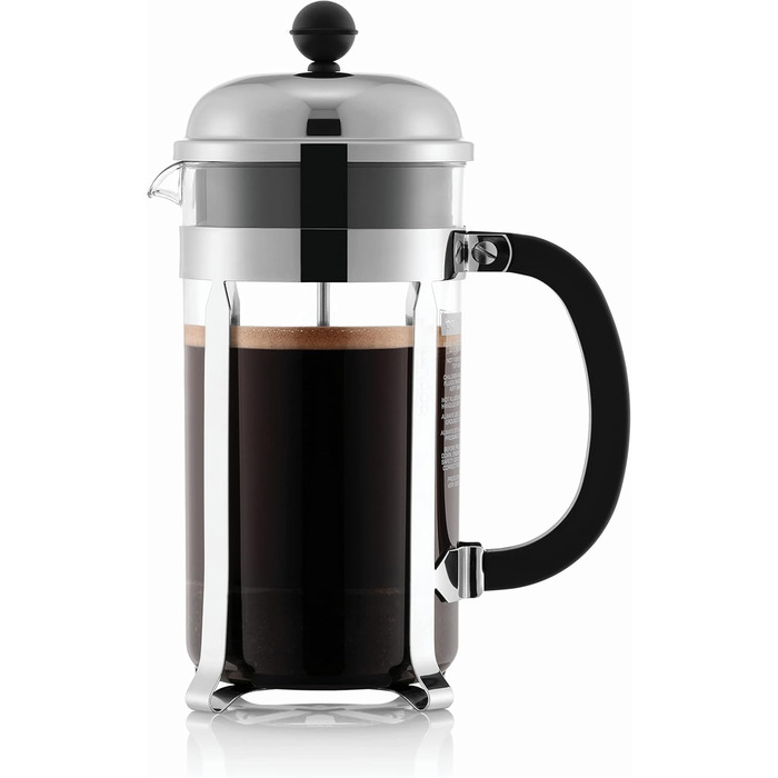 Френч-прес Bodum Chambord 1 л, блискучий + набір склянок Pavina 6 шт, подвійні стінки, 0.35 л, прозорі
