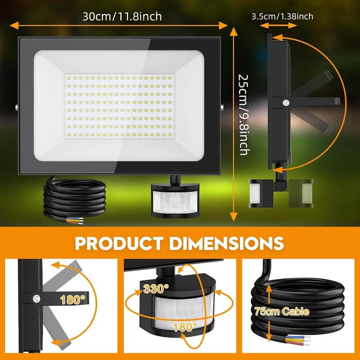 LED прожектори з датчиком руху та пультом, 150Вт, 6500K, IP66, для вулиці, двору, саду, гаража, 2 шт.
