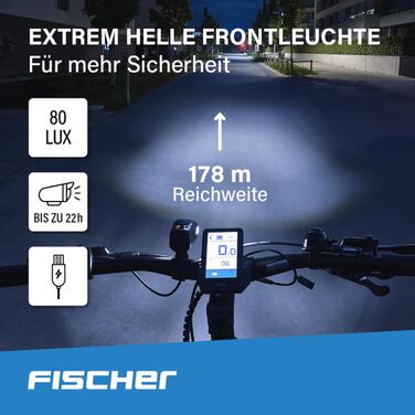 Велосипедний набір освітлення FISCHER: передня і задня LED фара з акумулятором, USB-зарядкою, захистом від бризок IP44, сертифікований StVZO