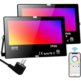 Розумний RGB LED прожектор для вулиці 80 Вт, Bluetooth, керування через додаток, IP66, димований, 2700K, мільйони кольорів, водонепроникний, для саду, освітлення фасаду, стельове підсвічування