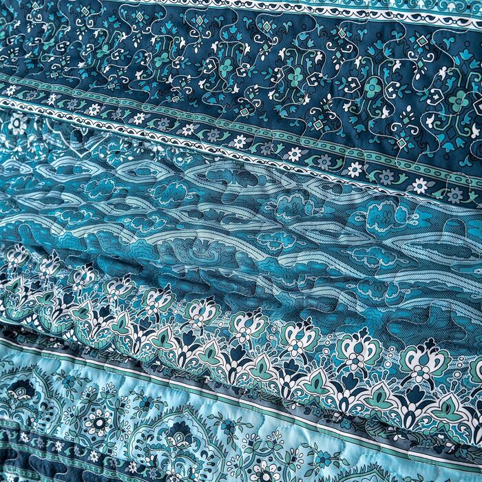 Покривало WONGS BEDDING 220x240 см, стьобане, комплект 3-в-1, мікрофібра, бохо стиль, темно-синє, з 2 наволочками 50x70 см, для двоспального ліжка або дивану