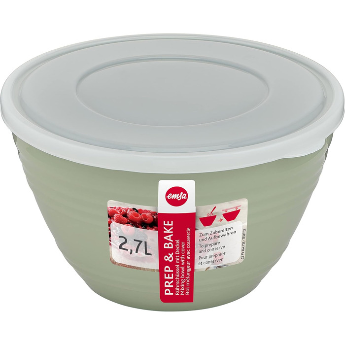 Миска для змішування Emsa Prep&Bake 2,75 л із пластику, з кришкою для зберігання, нековзке дно, для кухні, зелена