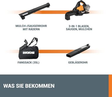 Акумуляторний повітродув та пилосос WORX WG583E.9 40В (2x20В), 2-в-1 для збору та всмоктування листя, мішок 35 л, без акумулятора і зарядного, чорний/помаранчевий