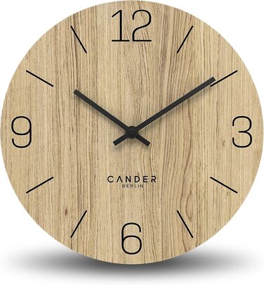 Настінний годинник Cander Berlin MNU 2725, 25 см, дерев'яний, безшумний, сучасний, вінтаж, дубовий шпон, для кухні та вітальні, аналоговий