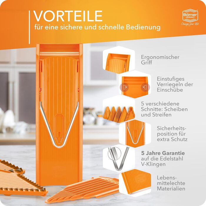 Овочерізка Börner V1 Starter Set, V-подібна, 4 насадки, фруктотримач, регульована, для овочів та фруктів, нарізка скибками, соломкою, кубиками, помаранчева