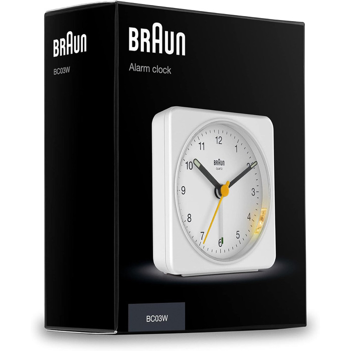 Класичний аналоговий будильник Braun з підсвічуванням, безшумний кварцовий механізм, функція дрімоти, поступовий сигнал, білий BC03W