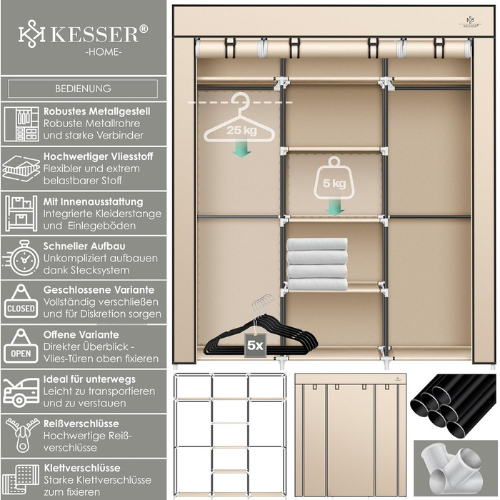 Тканинна шафа для одягу KESSER, з полицями та штангою, 150x45x175 см, бежевий, для спальні та гардеробу, з 5 вішалками