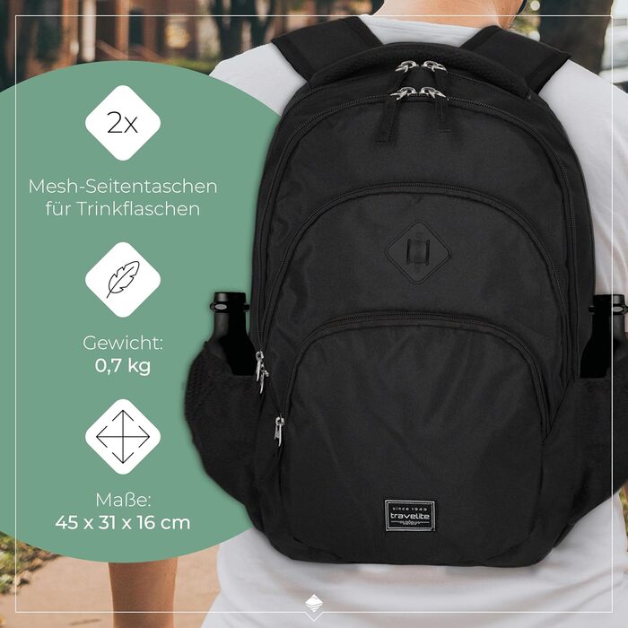 Рюкзак для ручної поклажі Travelite BASICS 22 л, 15,6'' для ноутбука, чорний, міський деньпак з багатьма відділеннями, 45 см
