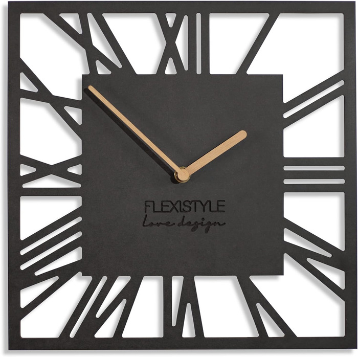 Сучасний настінний годинник FLEXISTYLE LOFT Piccolo Square 30 см, безшумний, чорний, для вітальні та ванної