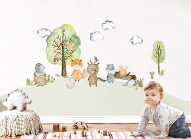 Наклейка на стіну Little Deco Лісові тварини з деревами, грибами та травою, 197x109 см, самоклеюча, для дитячої кімнати