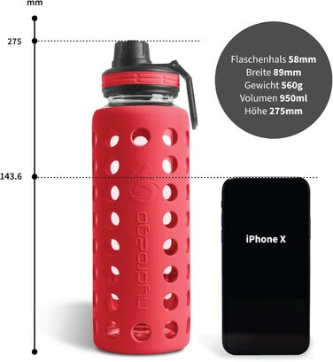 Скляна пляшка для води з силіконовим чохлом Urban Red 950 мл, 100% герметична, BPA-free, з двома кришками, для спорту, фітнесу, офісу, йоги, посудомийна машина