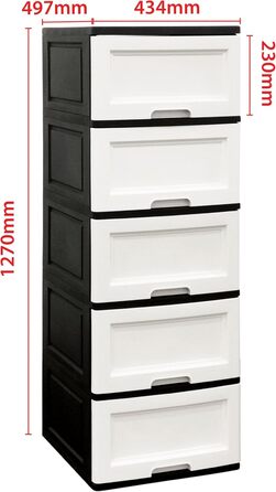 Комод 44x50x127 см з 5 великими шухлядами XXL по 40 л, фасади в яскравих кольорах, сучасний дизайн, з екологічного переробленого пластику PP (чорний/білий, сосна)