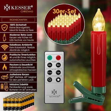 KESSER LED ялинкові свічки 30 шт., бездротові, різнокольорові, з пультом, таймером, мерехтінням, димміровані, з батарейками, кріплення, червоні