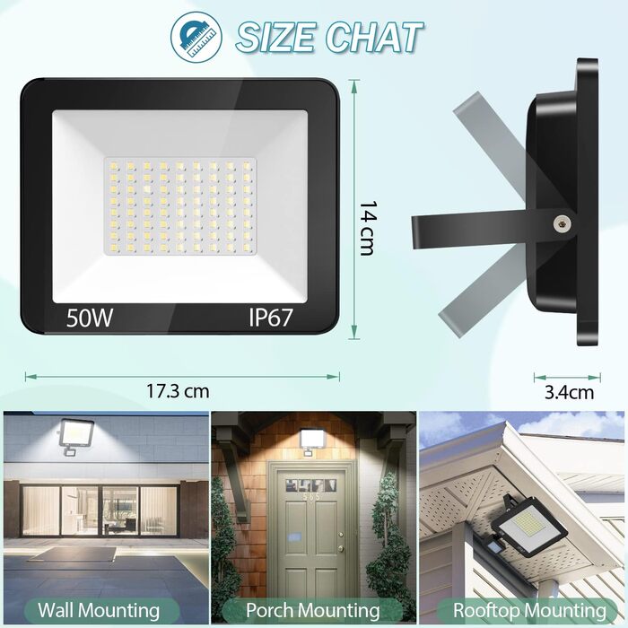 YIQIBRO LED прожектор для вулиці 10000Лм, 6500K, IP67, 2×50Вт, водонепроникний, холодне біле світло, для складу, саду, гаража, двору, парковки