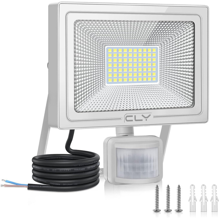 CLY LED прожектор 60Вт з датчиком руху, 5200Лм, 6500K, IP66, регульована яскравість, для вулиці, саду, гаража, двору