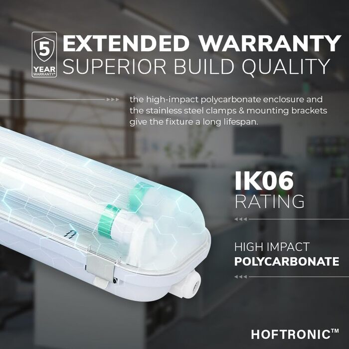 HOFTRONIC LED світильник для вологих приміщень 150 см, 60 Вт, 10500 лм, холодне біле світло 6000K, без мерехтіння, з'єднуваний, IP65, T8, подвійний, для гаража, підвалу, офісу