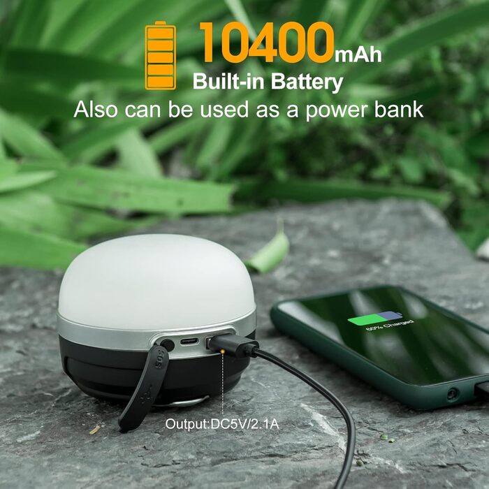 LED кемпінговий ліхтар 10400mAh, акумуляторний, RGB підсвітка, плавне затемнення, магніт, гачок, для дому, вулиці, кемпінгу, намету, аварійного освітлення