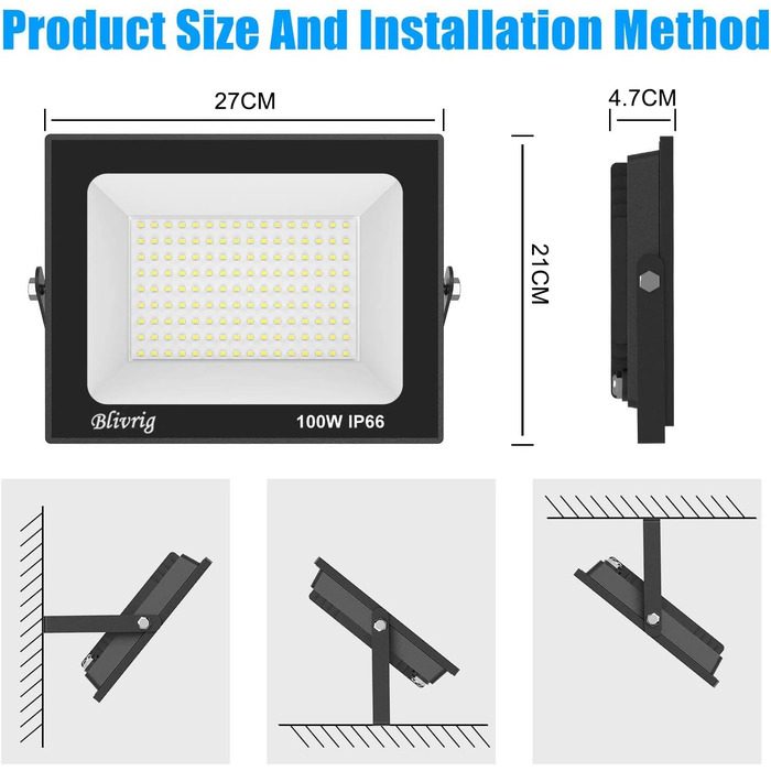 LED прожектор Blivrig 100W тепле світло 3000K, для вулиці, IP66 водонепроникний, 10000 лм, суперяскравий, для саду, гаража, двору