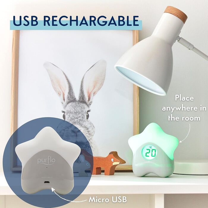 Дитячий термометр Purflo Starlight з підсвіткою, цифровий, для кімнати, USB-заряджання, контроль температури, для дитячої та дитячої кімнати