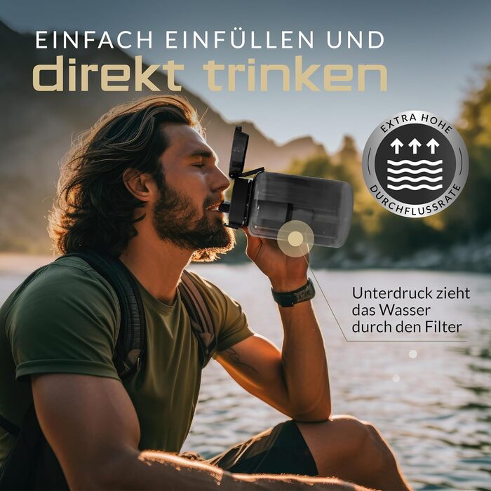 Туристична фільтр-пляшка BERGKVIST FJÄLLKLAR 1 л з фільтром AHLSTROM для чистої води, чорна, для кемпінгу, походів і виживання