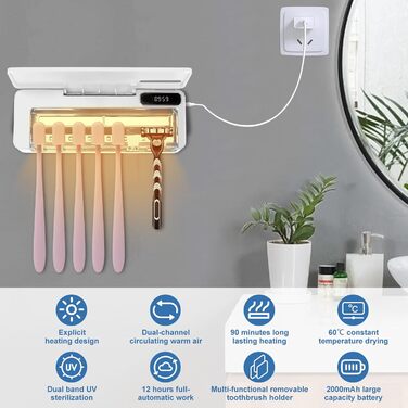 UV-стерилізатор для зубних щіток з тримачем на 6 щіток, сушінням, USB-зарядкою, настінний, 3 режими, білий
