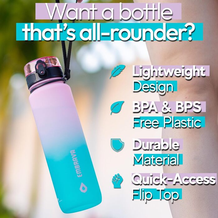Спортивна пляшка Embrava 1000 мл, швидкий потік, з відкидною кришкою, BPA-free, Tritan, Blossom Breeze
