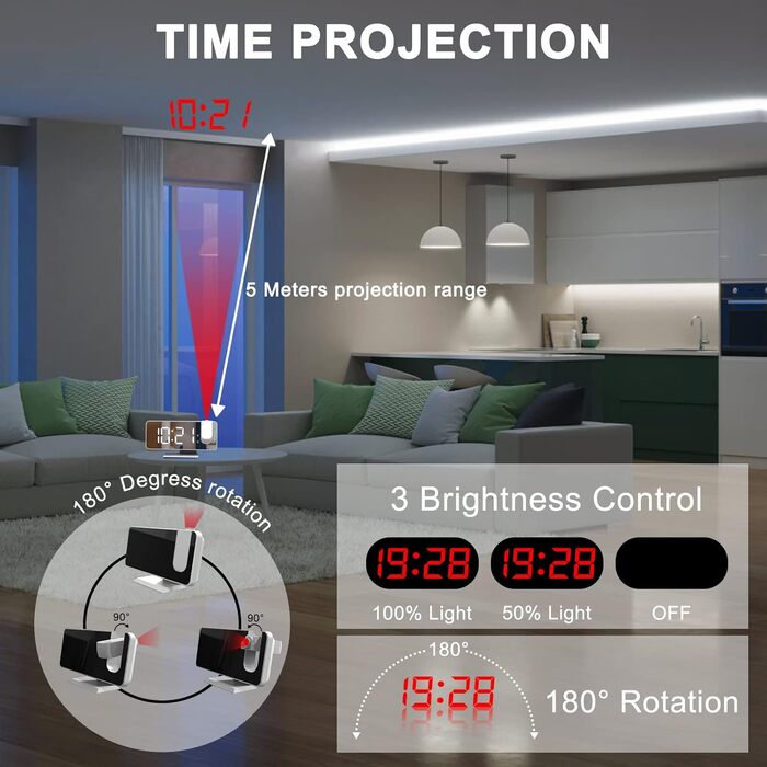 Exmate проекційний цифровий будильник з USB, дзеркальний LED-екран 7,5'', подвійний будильник, регульована яскравість, функція відкладення, білий з адаптером