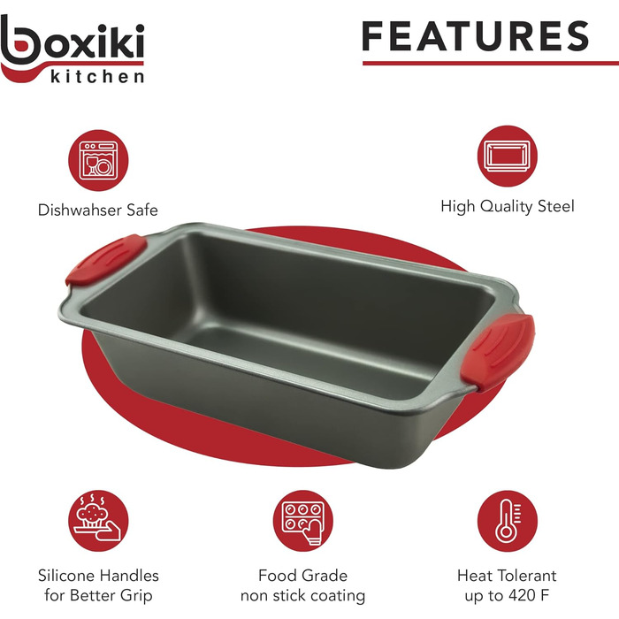 Форма для випікання кексів Boxiki Kitchen, антипригарна сталева, з силіконовими ручками, 21.5 x 11.5 см, для бананового хліба та кексів