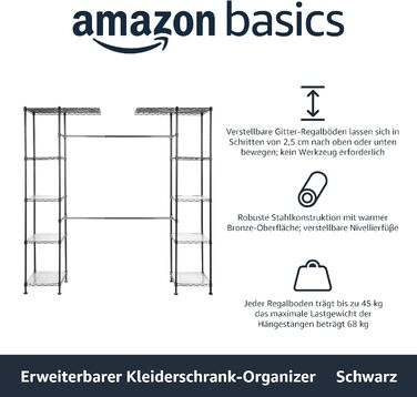Amazon Basics Розсувна відкрита шафа для одягу з 10 регульованими полицями, чорна, 144.8-203.2 x 35.6 x 182.9 см, макс. навантаження 521 кг