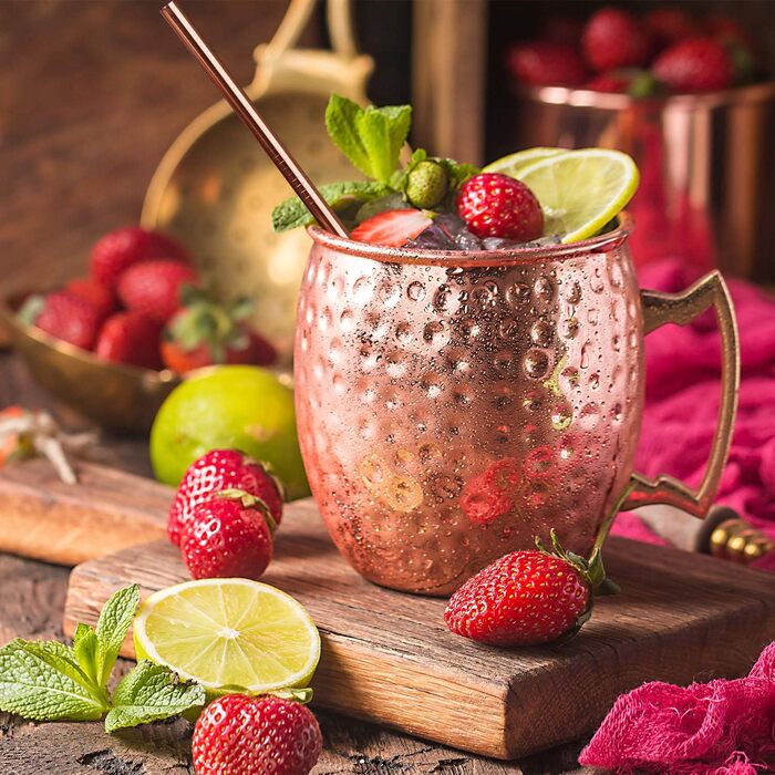 Набір мідних кухлів для Moscow Mule, 4 шт. по 550 мл з трубочками у подарунковій коробці – 100% мідь для коктейлів і охолоджених напоїв