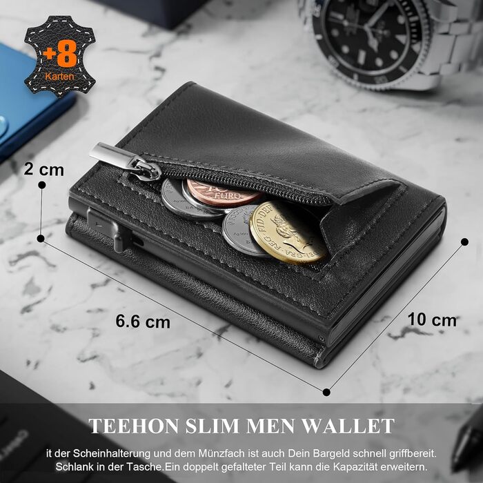 Чоловічий гаманець TEEHON зі шкіри з RFID захистом, монетницею та магнітною застібкою, чорний портмоне-картхолдер