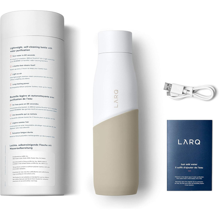 Пляшка для води LARQ Movement PureVis 950 мл з УФ-очисткою, нержавіюча сталь, силіконова накладка, легка, ударостійка, зберігає прохолоду, для спорту, бігу та активного відпочинку, біла/пісочна