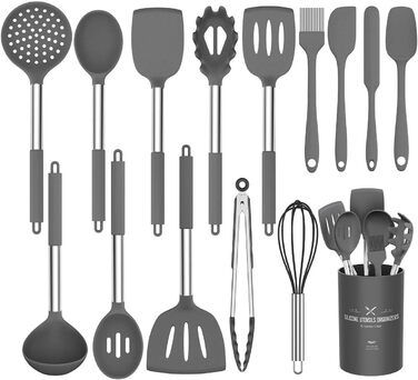 Набір кухонного приладдя Umite Chef, 15 предметів, силікон, жаростійкий, антипригарний, BPA Free, з нержавіючою ручкою: лопатки, ложки, щипці, віничок, кухонне приладдя