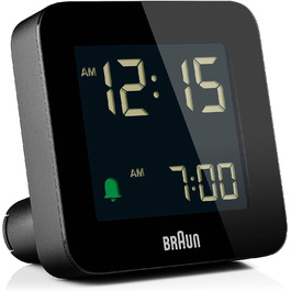 Цифровий будильник Braun BC09B з функцією сну, негативним LCD-дисплеєм, швидким налаштуванням і наростаючим сигналом, чорний
