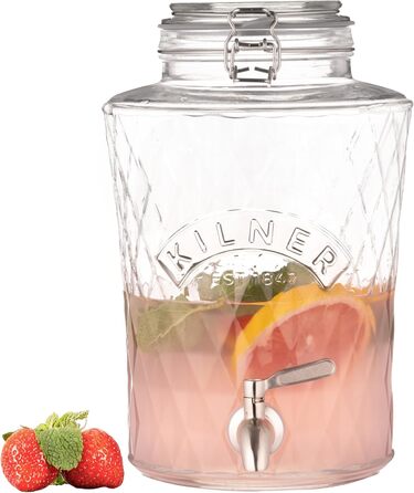 Скляний диспенсер для напоїв Kilner Diamond 5 л з нержавіючим краном, герметичною кришкою і силіконовим ущільнювачем, ідеально для соків, коктейлів та настоїв