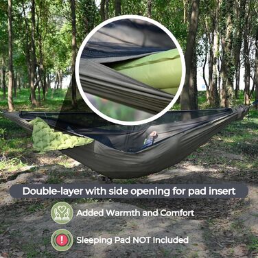 Гамак Onewind Premium 335×162 см з москітною сіткою та ременями для дерев, однорозмірний, для кемпінгу, туризму, подорожей, подвійна двошарова тканина, оливковий зелений