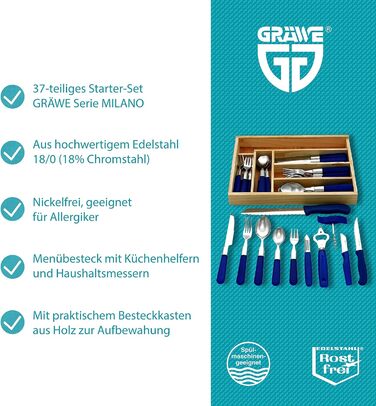 GRÄWE Набір столових приборів з нержавіючої сталі для 6 осіб, 37 предметів, кухонні ножі та аксесуари, органайзер, серія Milano