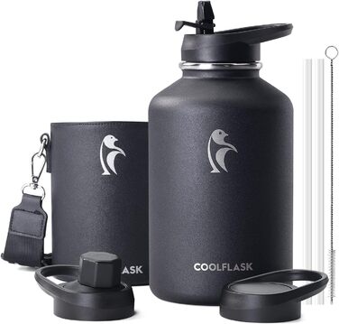 Термобутилка Coolflask 2 л з нержавіючої сталі з PU-чохлом, ізольована пляшка для води з кришкою-соломинкою, тримає холод 48 годин і тепло 24 години, Polar Black