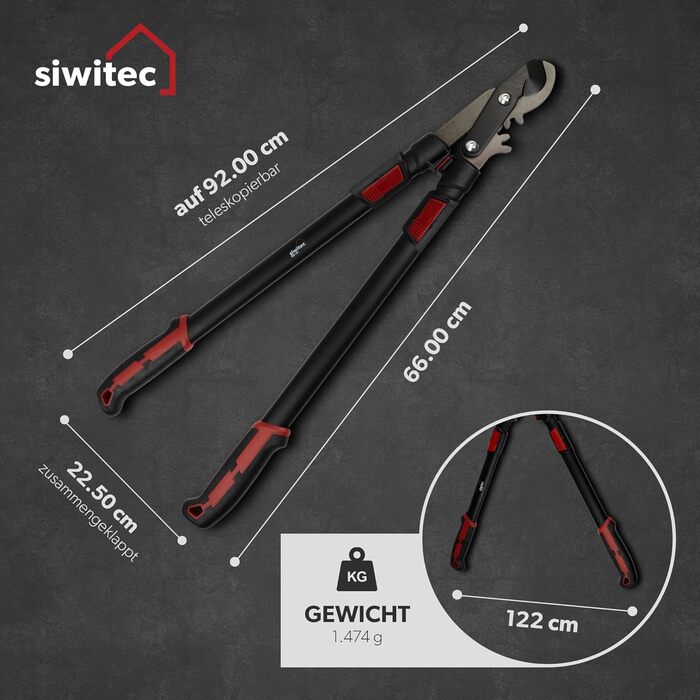 Телескопічний садовий секатор Siwitec SG-21, байпасна гілкорізка для свіжої деревини до 40 мм, леза з вуглецевої сталі, довжина 66-92 см