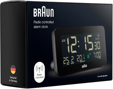 Цифровий радіокерований будильник Braun BC10B-DCF для Центральної Європи з датою, місяцем, термометром, негативним LCD-дисплеєм, швидким налаштуванням, чорний