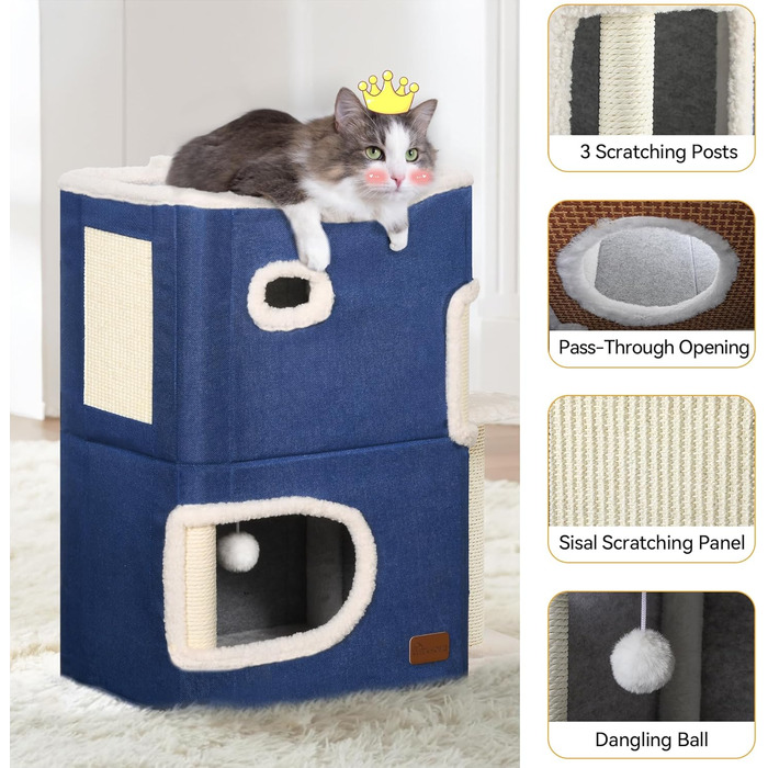 YITAHOME Будиночок для котів, котяче ліжко для дому, котяча вежа, ігрова когтеточка, меблі для котів, котяча хатинка, синій, з платформою