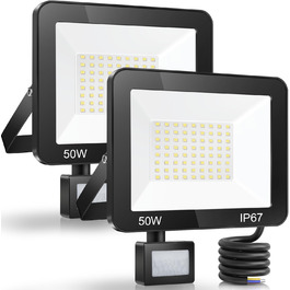 LED прожектор 50W з датчиком руху, IP67, 5000Лм, 7000K, набір 2 шт, водонепроникний вуличний прожектор для двору, саду, гаража, входу, холодне світло