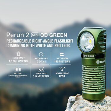 Ліхтарик-налобник OLIGHT Perun 2 Mini LED 1100 люмен, USB, водонепроникний, 5 режимів, з червоним світлом, для кемпінгу та екстрених ситуацій, зелений, холодне біле світло