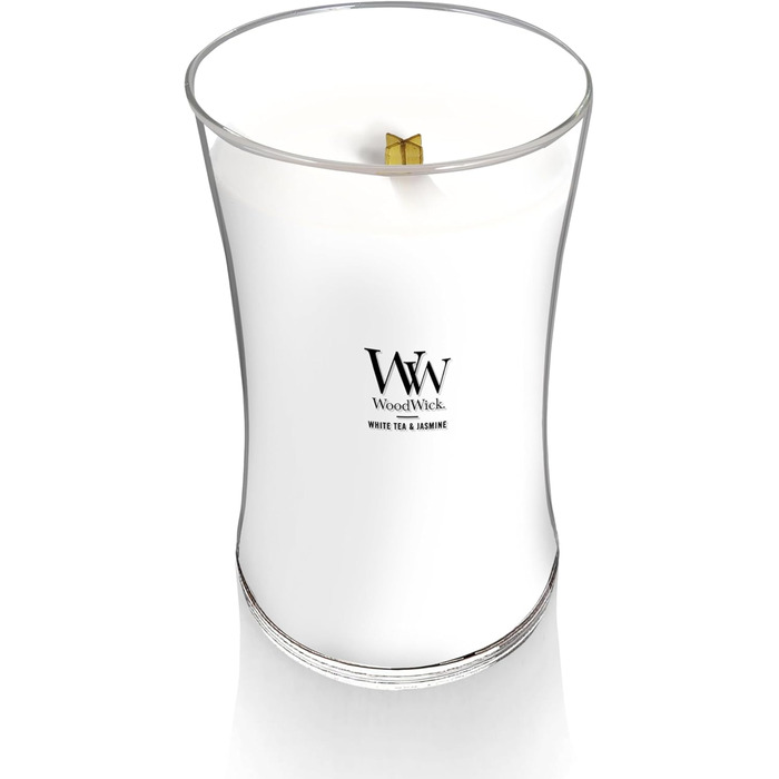 Велика ароматична свічка WoodWick у скляній колбі-пісочному годиннику з дерев'яним гнотом, аромат Льон, до 130 годин горіння