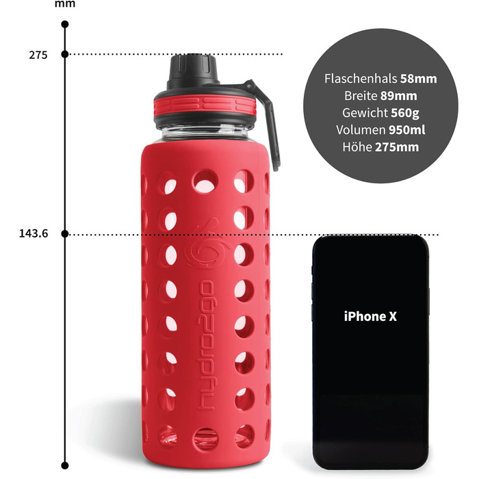 Скляна пляшка для води з силіконовим чохлом Urban Red 950 мл, 100% герметична, BPA-free, з двома кришками, для спорту, фітнесу, офісу, йоги, посудомийна машина