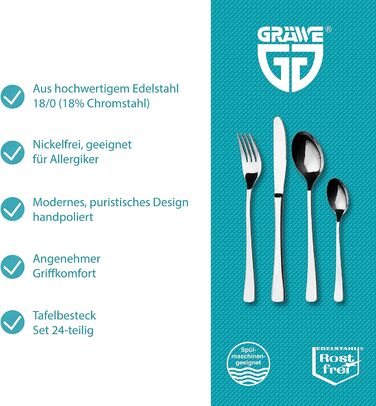 Набір столових приборів GRÄWE Würzburg для 6 осіб, 24 предмети, нержавіюча сталь, без нікелю, полірування вручну, можна мити в посудомийній машині